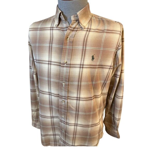 Ralph Lauren Classic Fit Flannel Plaid Button Front Shirt Sz. M Brown/Cream - Picture 3 of 8